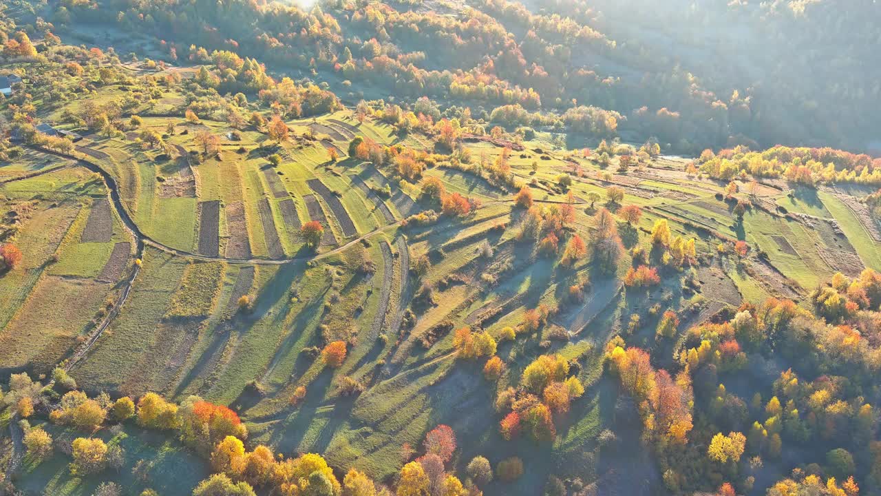 鸟瞰令人惊叹的乡村山景森林秋景山谷视频素材