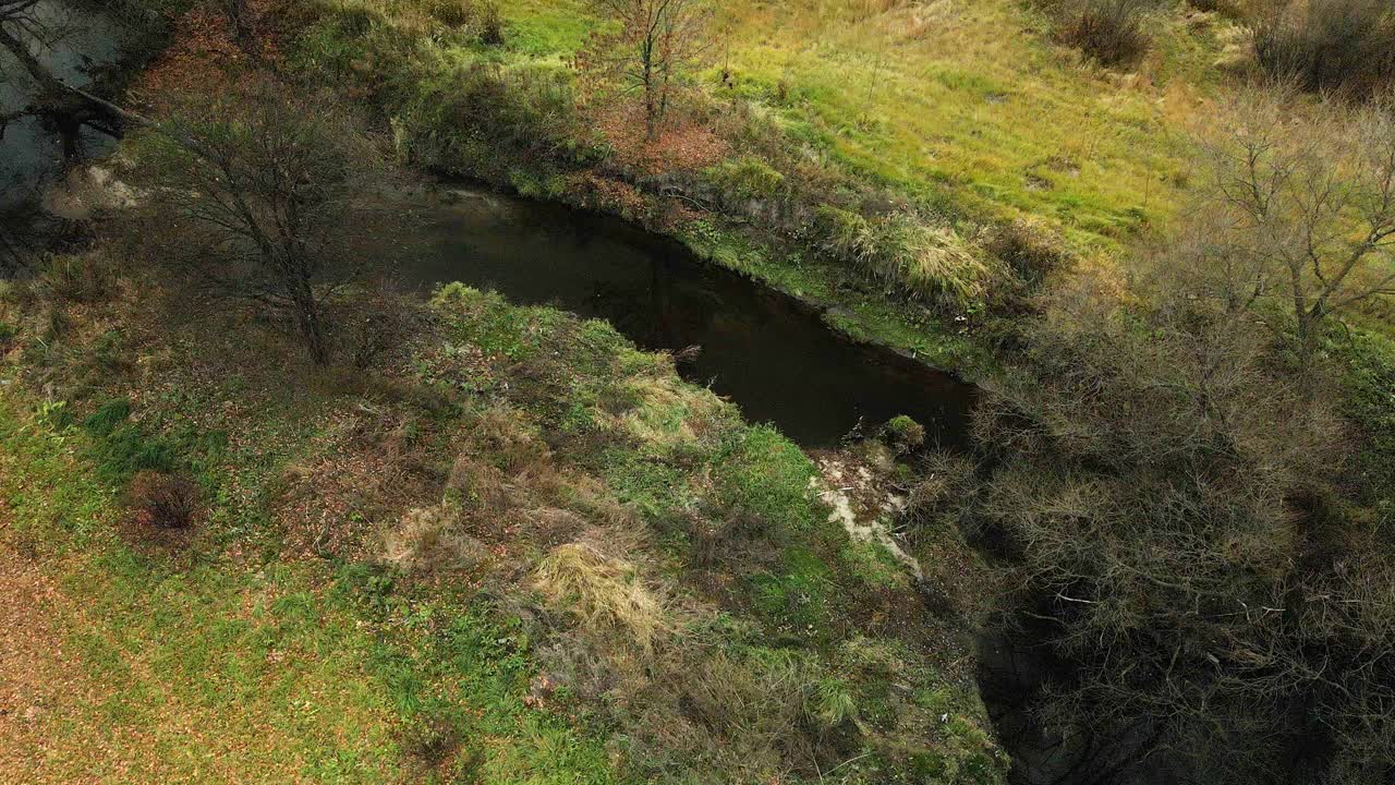 飞越秋天的公园。把公园建在河边。秋叶黄黄的树木随处可见。航空摄影。视频素材