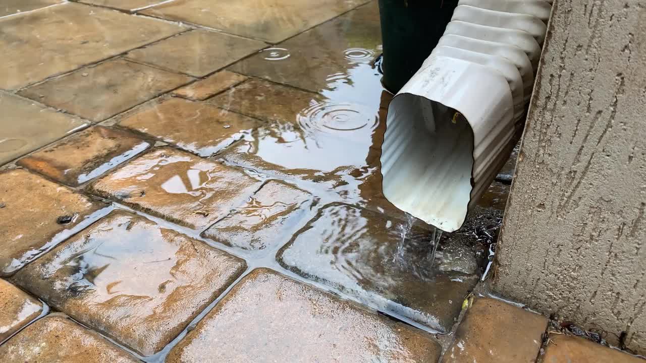 雨水从白色的水槽中倾泻而出。背景里湿漉漉的铺路，雨点落在上面。视频下载