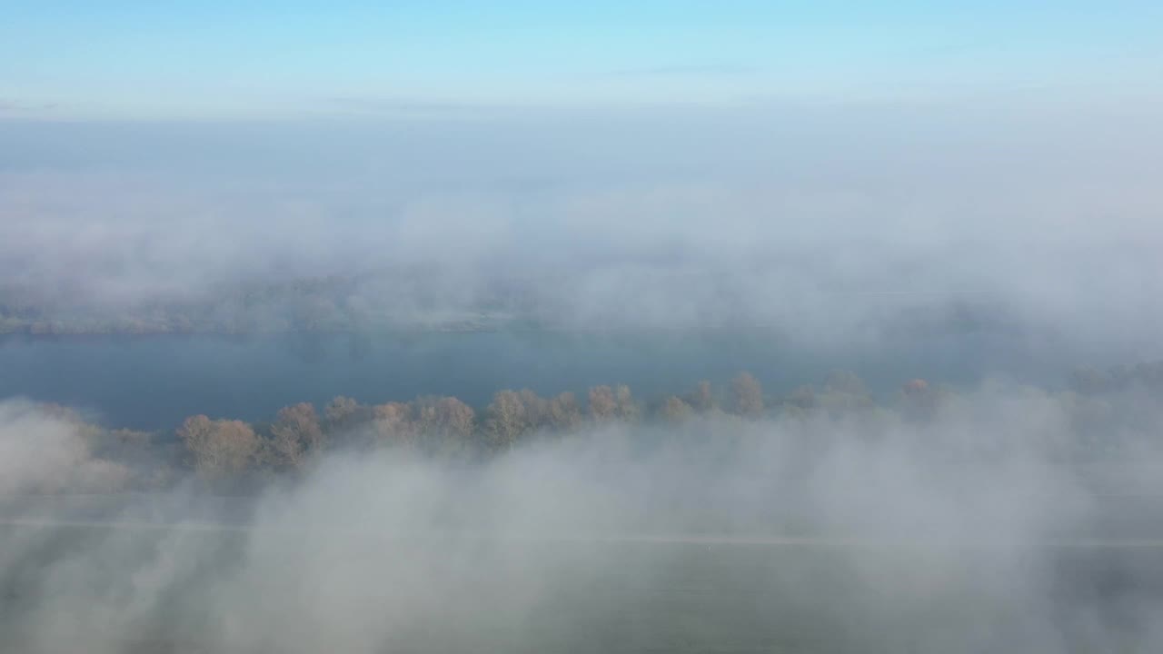 在欧洲，在法国，在中部地区，在卢瓦雷，在通往奥尔兰的路上，在一个阳光明媚的冬天，卢瓦尔河被树木和雾包围着。视频素材