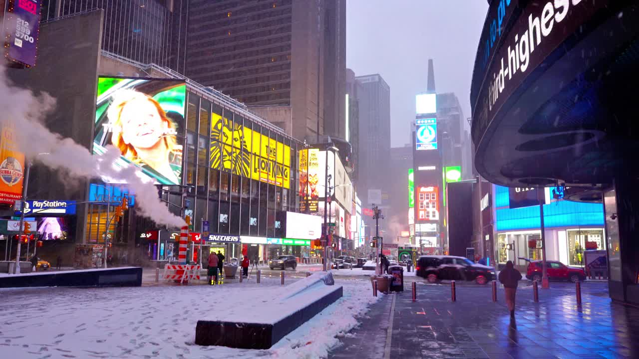 冬天的时代广场。雪。风暴视频素材