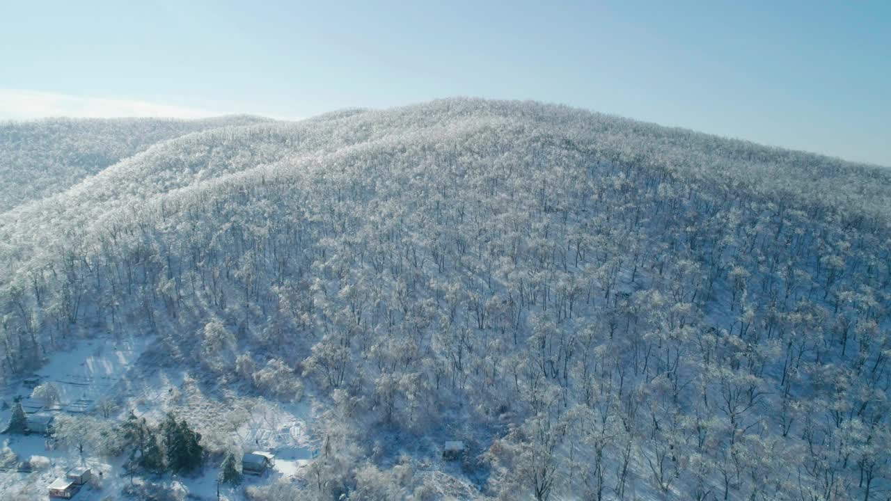 空中冬季山景的冰冻森林与雪和冰覆盖的树木在阳光明媚的冬天的一天。飞越冬季森林。镜头推进视频素材