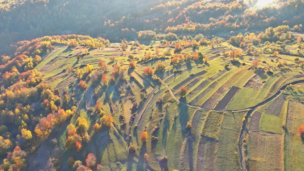 在喀尔巴阡山脉的高峰、乡村草地和乡村，在温暖的秋天有美丽的高山景观视频素材