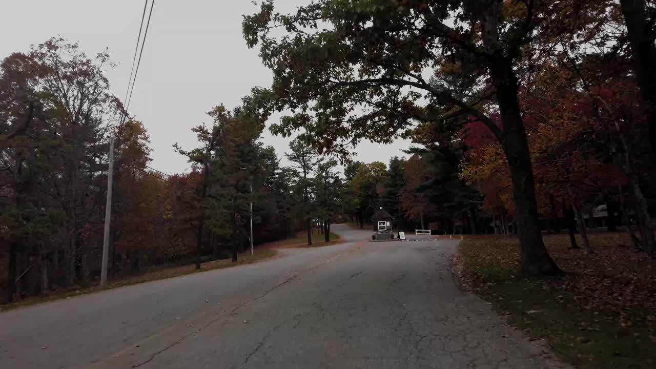 秋天的树叶在多风的山路上行驶视频素材