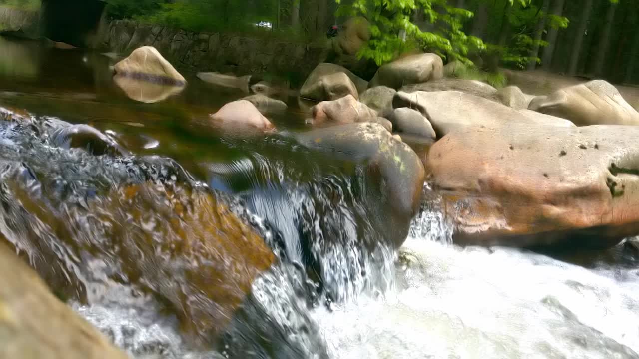 缓慢的运动。山间河流在森林中缓缓流淌。胶片颗粒视频素材