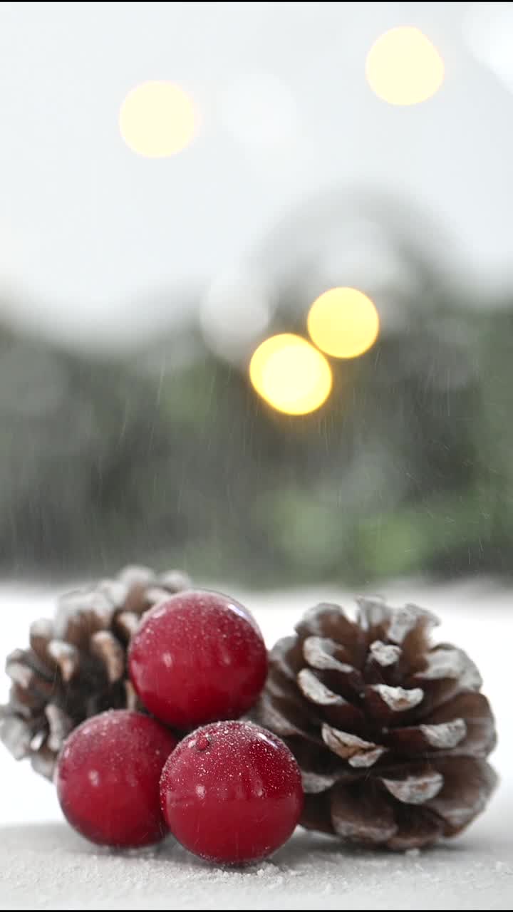 雪花落在松果和冬青圣诞背景视频素材