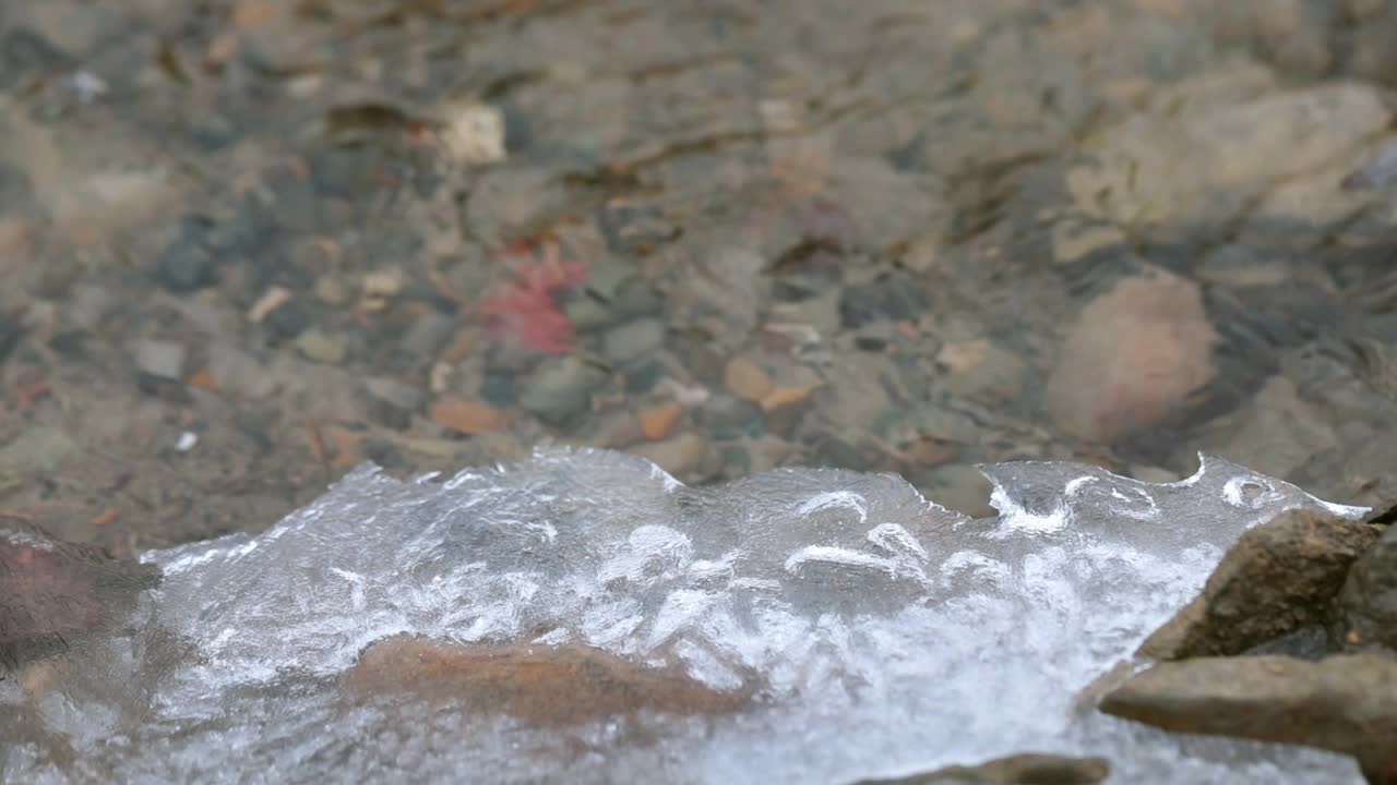 河岸和河道上结着美丽的冰。河底满是石头和树叶。自然秋天背景。水平的视频视频素材