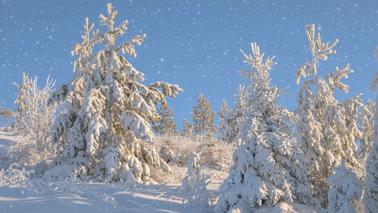 冬天的森林里有软绵绵的雪。日落时美丽的冬季风景。云杉树枝在雪地里。从山顶上看视频素材