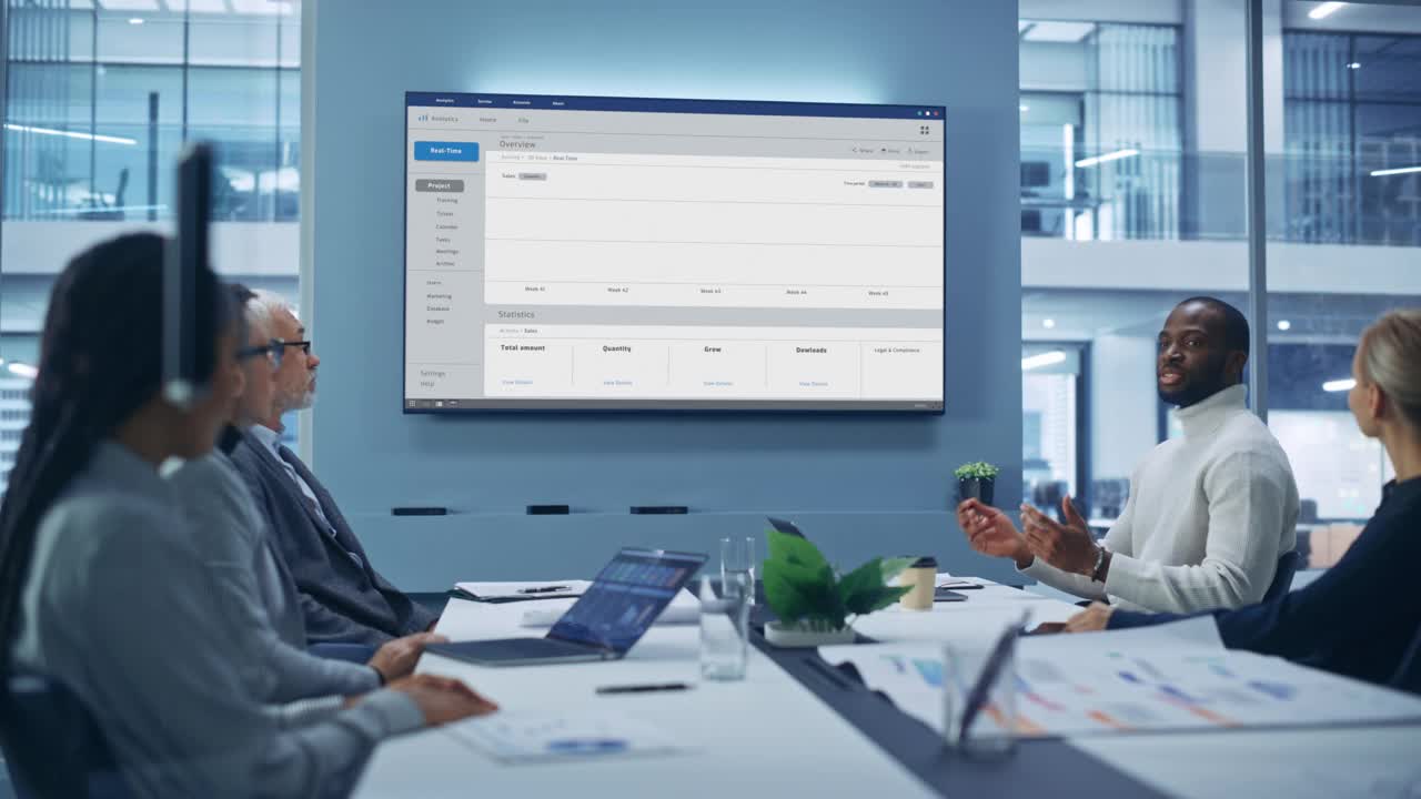 办公室会议室会议:一群企业家，经理谈话，使用电视屏幕信息图表，分析图表，图表，增长统计。商务人士讨论电子商务投资策略视频素材