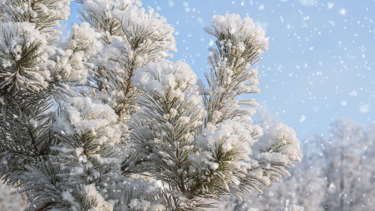 冬天的背景。柔软的降雪。美丽的白雪皑皑的松树树枝在前景…下雪，冬天，新年的概念，圣诞节，节假日。视频素材