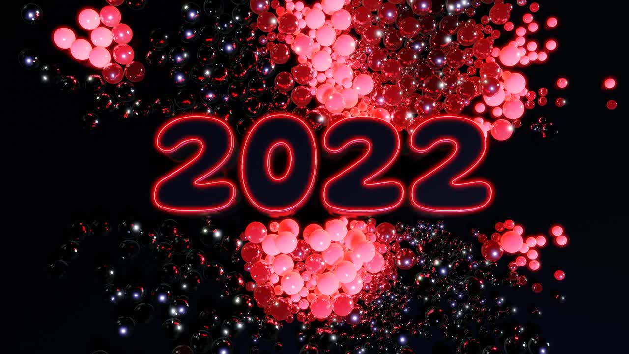 循环新年bg。数字2022和圣诞花环的球或球体分散在飞机上，点亮红色，形成一个美丽的图案。4k圣诞构图与霓虹灯视频素材