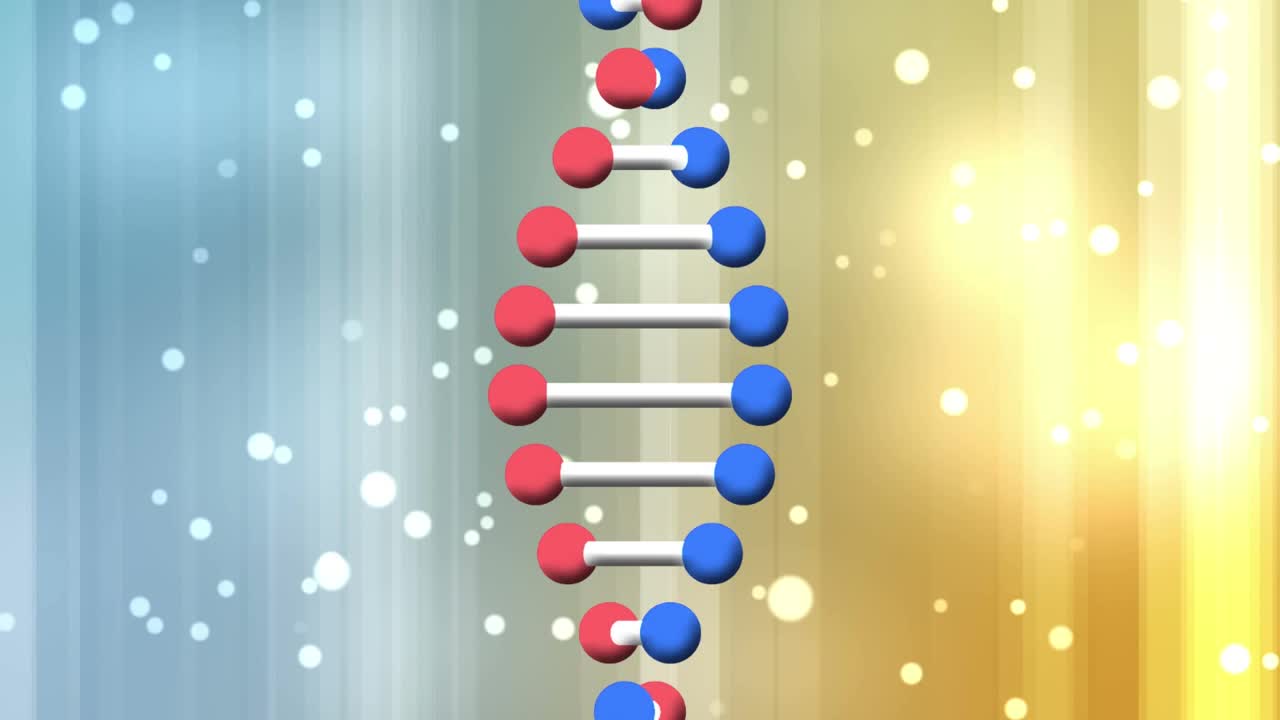 动画dna链上的白色点浮动在彩色的数字背景视频素材