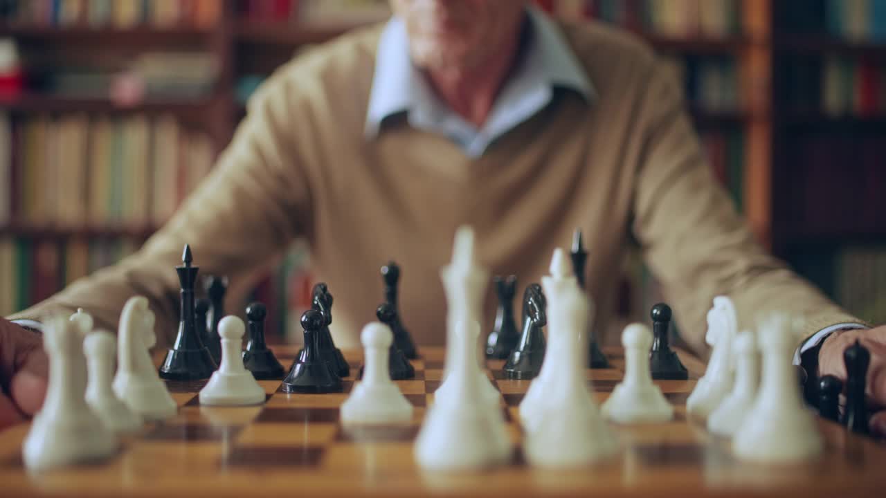 成熟的男人在棋盘上移动棋子，思考，规划游戏策略视频素材