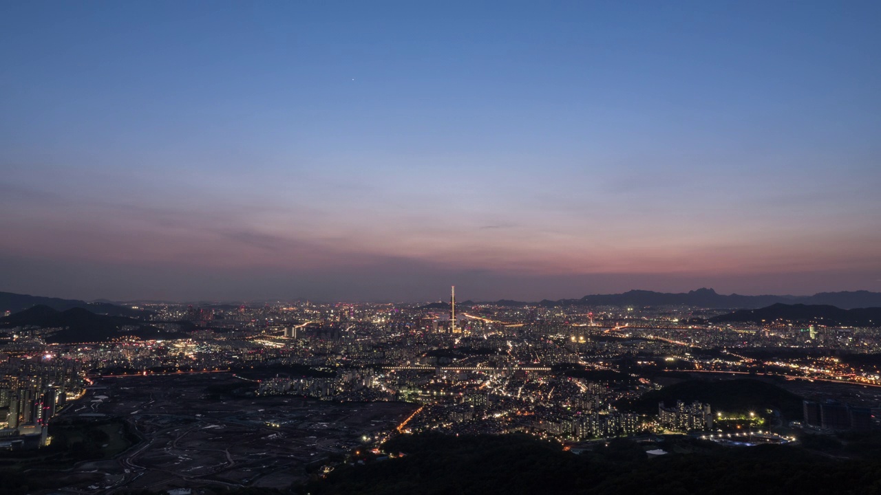 ▽夜景=韩国首尔汉江、乐天世界大厦、Wirye新城市、松坡区蚕室等市中心的日落视频素材