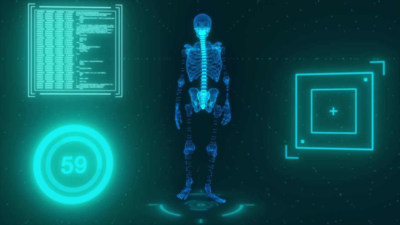 技术的概念。三维行走骨骼模型的技术背景。蓝色的颜色。三维动画视频素材