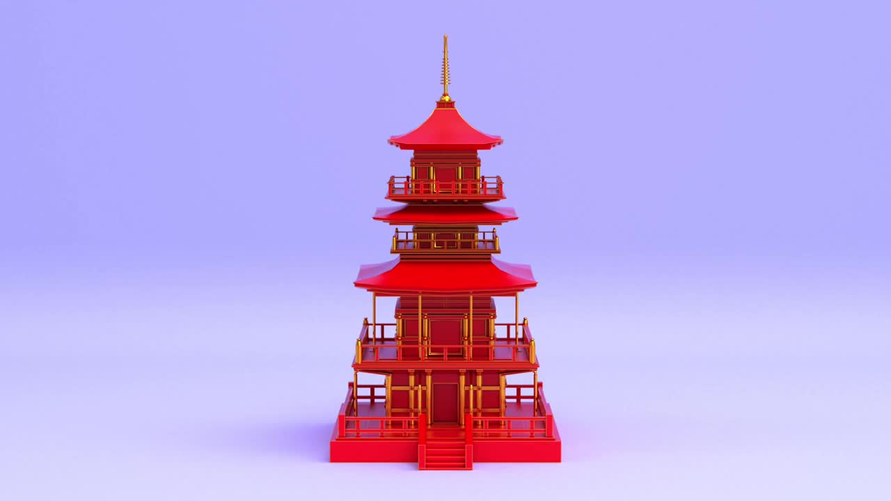 旋转红色日本宝塔和东方古建筑，日本馆和佛教寺庙无缝循环动画，3d渲染背景视频素材