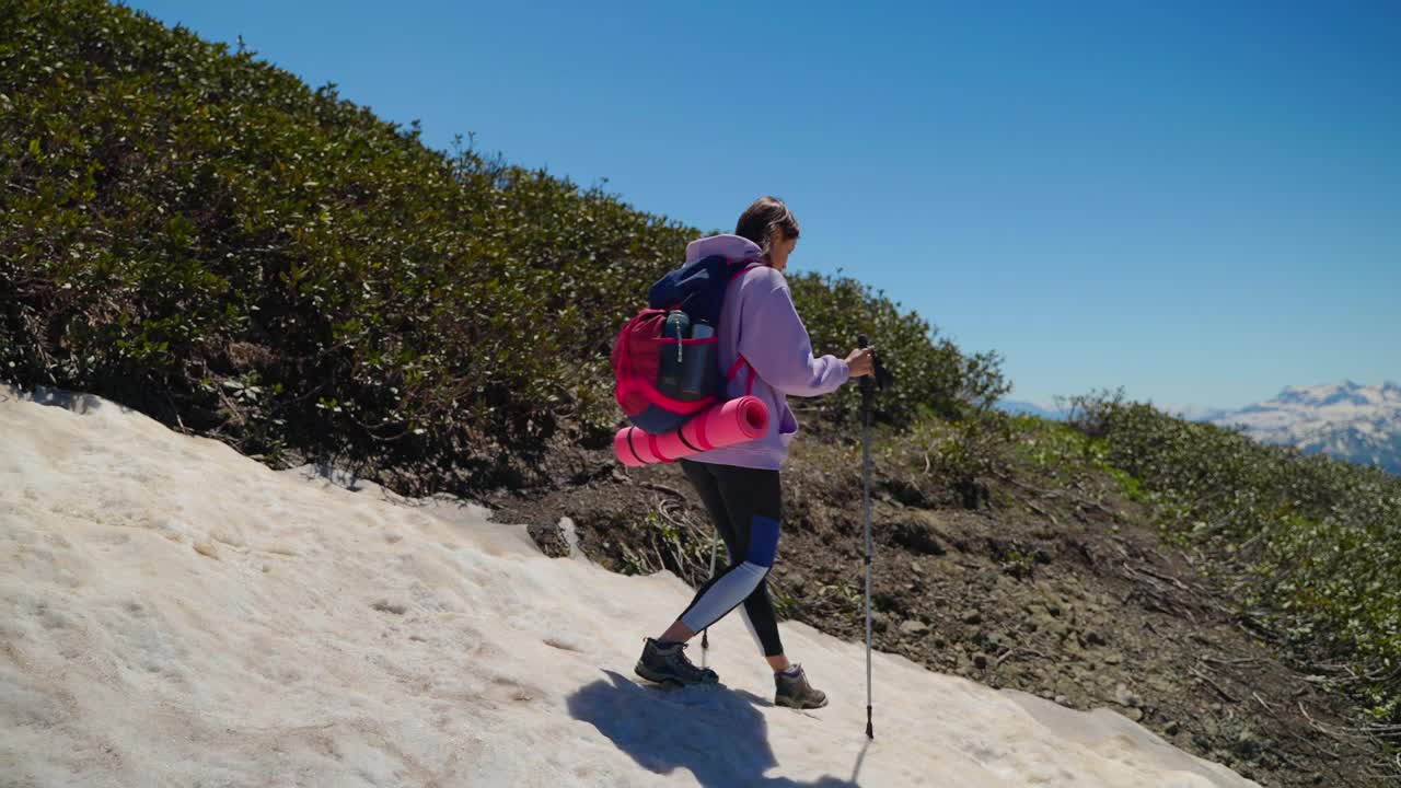 夏天在高地徒步旅行和背包旅行，女游客带着登山杆视频素材