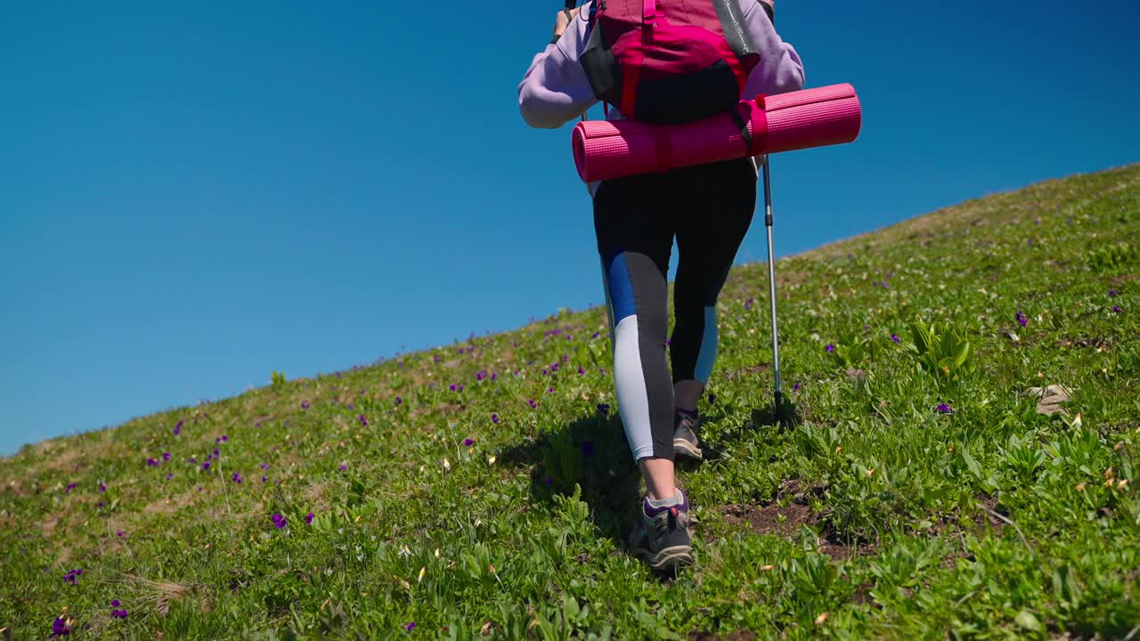 走在山上，一名年轻女子背着双肩包，拄着登山杖正在攀登山顶视频素材