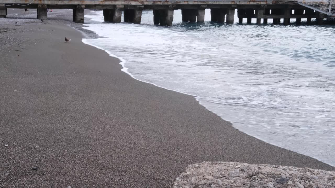 Minori海滩，Amalfi海岸，坎帕尼亚，意大利。海浪在海岸线上，鸽子在沙滩上视频素材