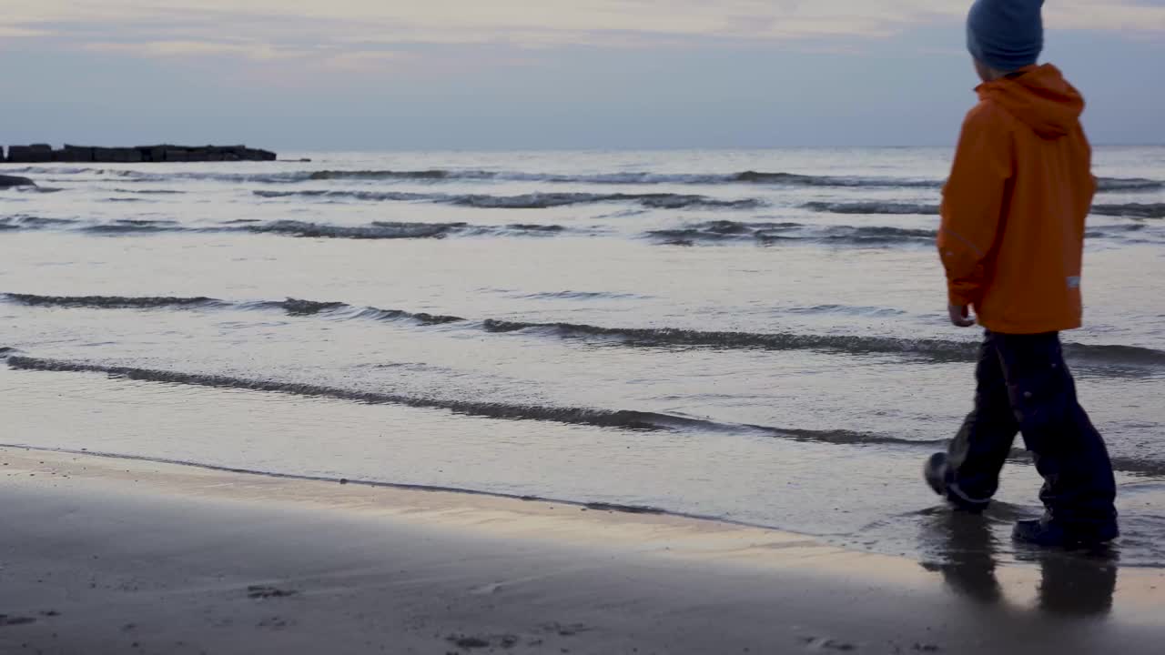 海湾的小波浪冲刷着秋天的沙滩视频素材