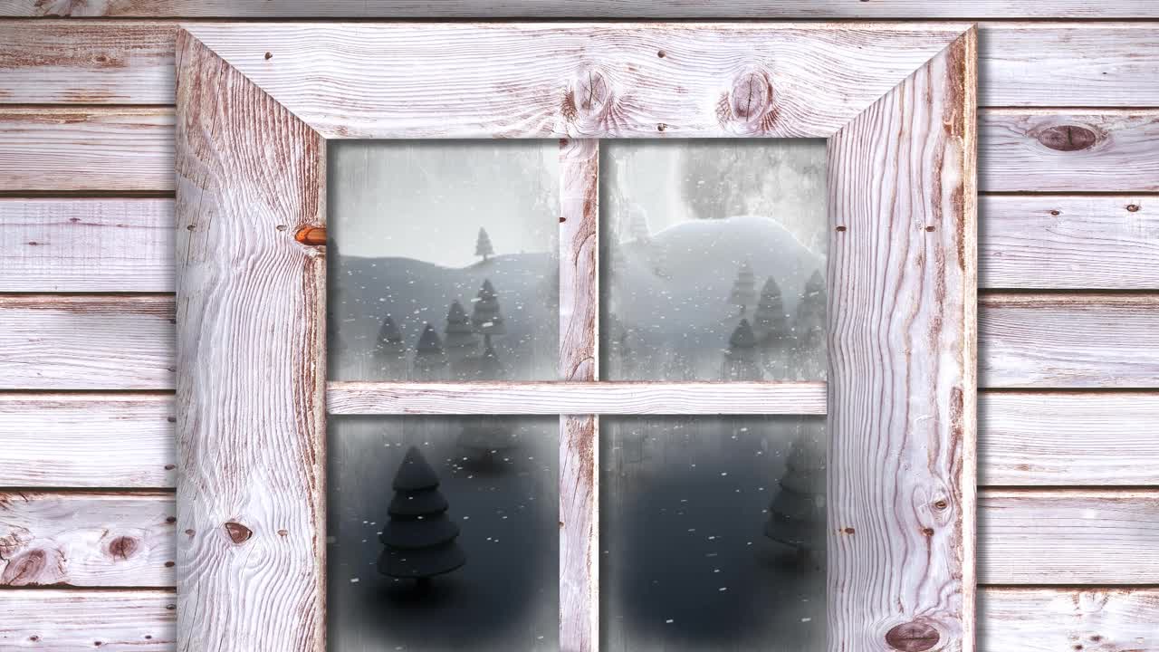 在冬季景观上，木窗框对抗雪花落在多棵树上视频素材