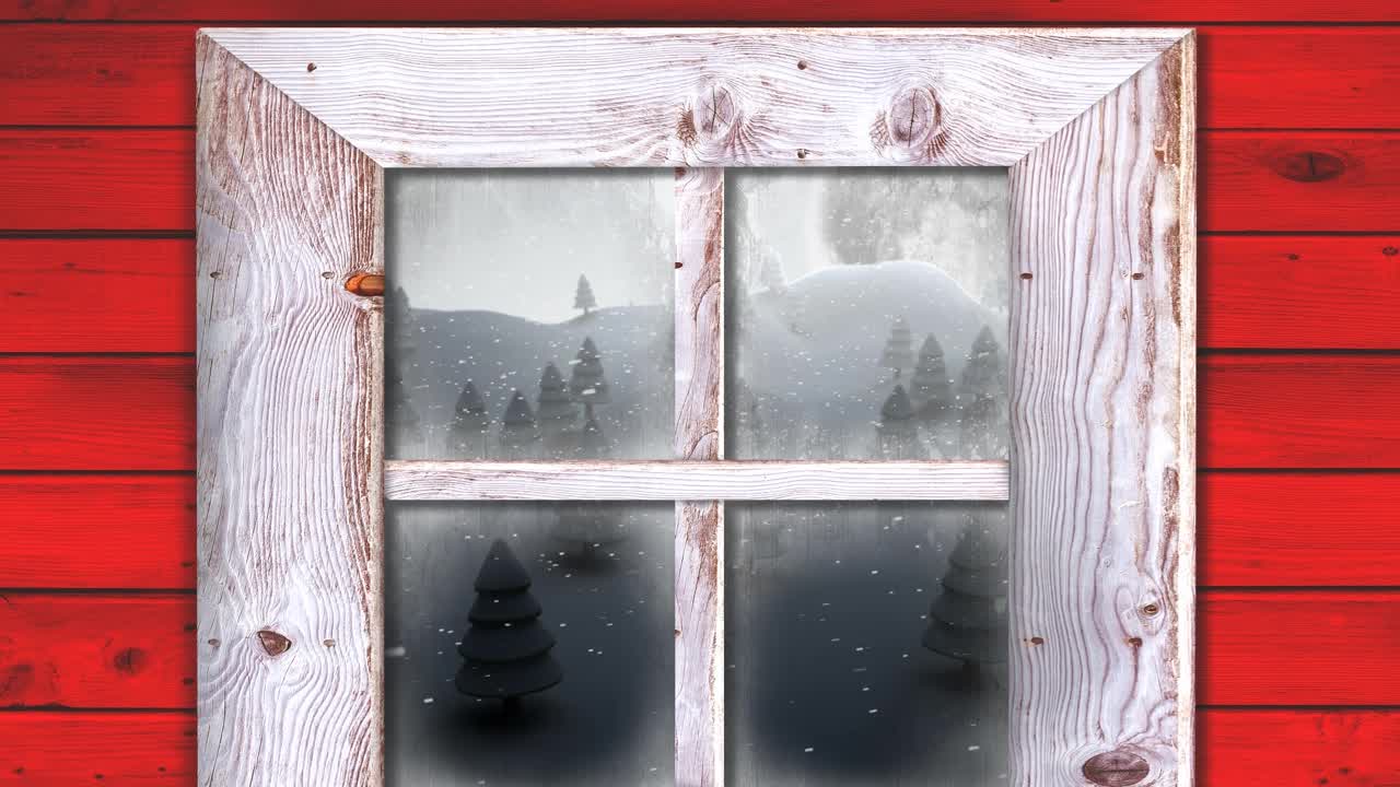 在冬季景观上，木窗框对抗雪花落在多棵树上视频素材