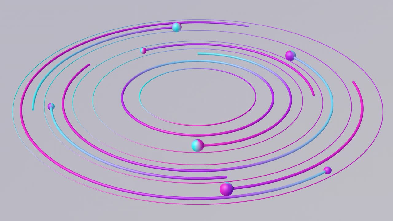 蓝色，紫色，粉色的圆圈和球。抽象动画，3d渲染，特写。视频素材