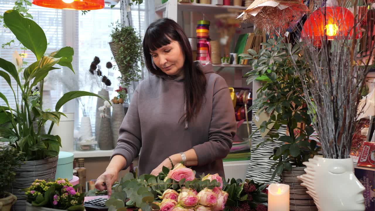 在花店工作的微笑女人在使用计算器视频素材