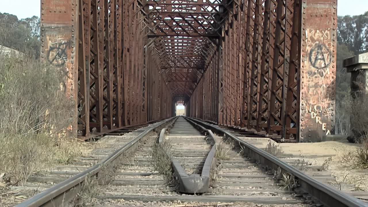废弃的旧铁路桥。地面视图。视频素材