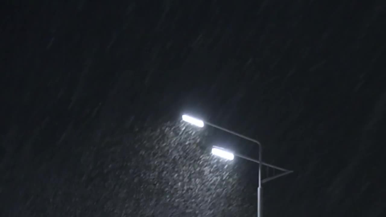 夜间公园里风雪交加，路灯下满雪堆视频素材