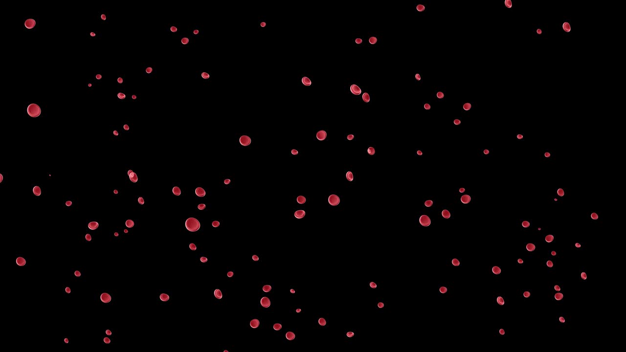 血液颗粒、分子、红细胞、红细胞三维渲染。混合模式，黑色背景。视频素材