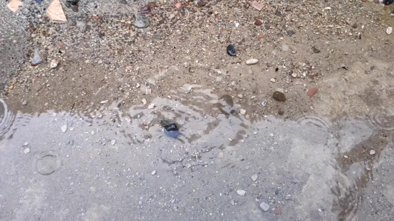 秋天的雨水滴在柏油路上的大水坑里，淹没了街道。视频下载