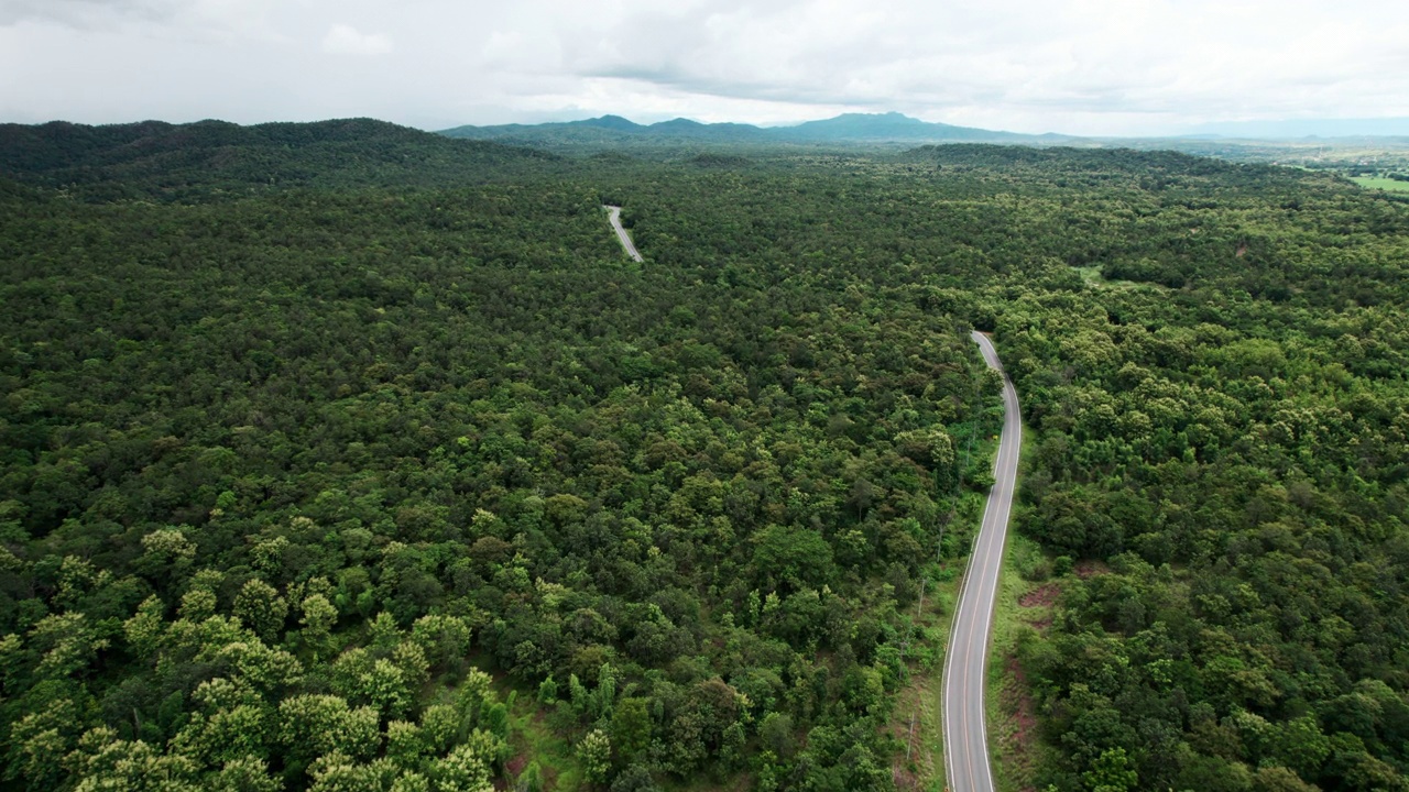 俯瞰通过绿色森林和山的乡村道路视频素材