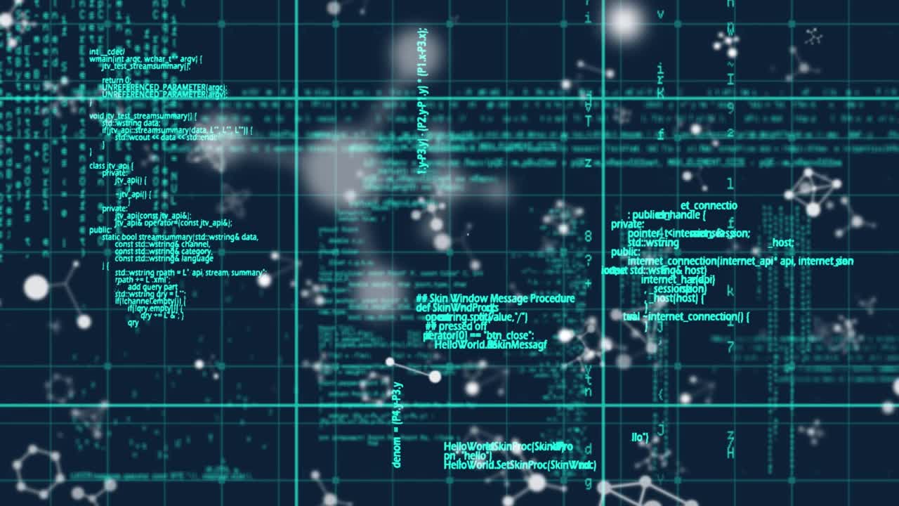 数据处理的动画，分子和时钟在网格上快速移动视频素材