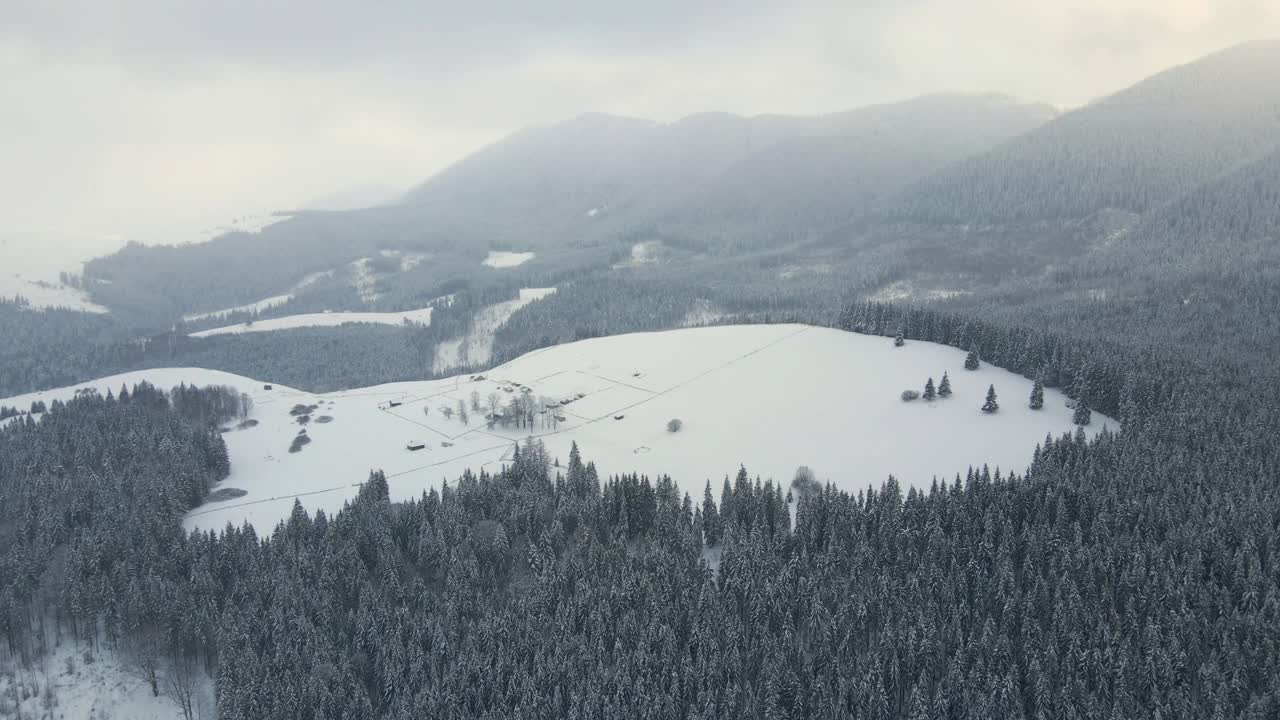 空中冬季景观与小乡村房屋之间的雪覆盖森林在寒冷的山视频素材