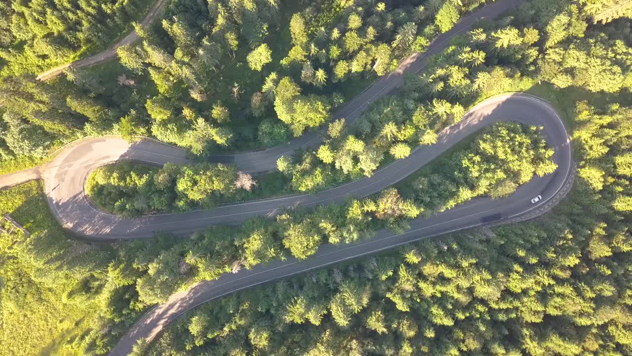 鸟瞰图的蜿蜒的道路与割草汽车和卡车在高山口，槽茂密的树林。视频素材