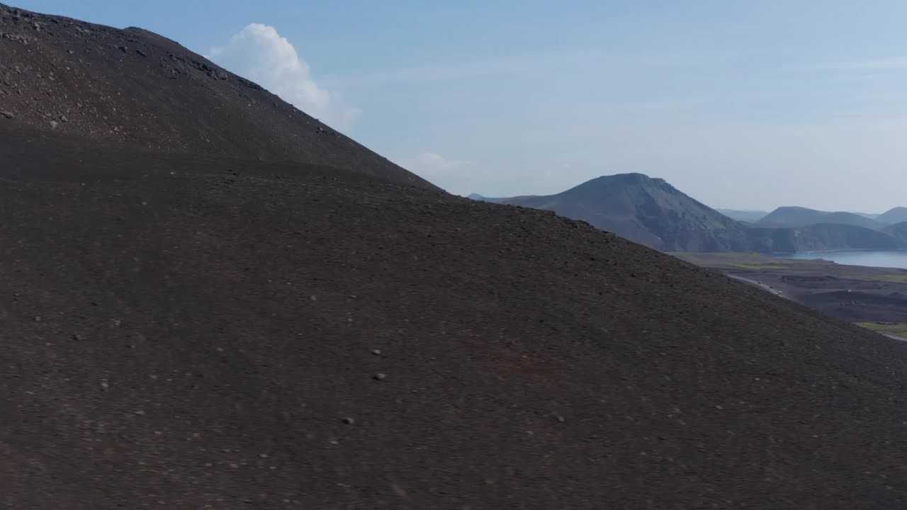 鸟瞰图滑动揭示惊人的全景冰岛海岸线与火山黑色悬崖。无人机视野冰岛乡村与山脉的背景视频素材