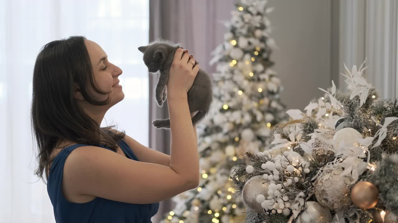 快乐的女人抱着可爱的小猫在圣诞树旁视频素材