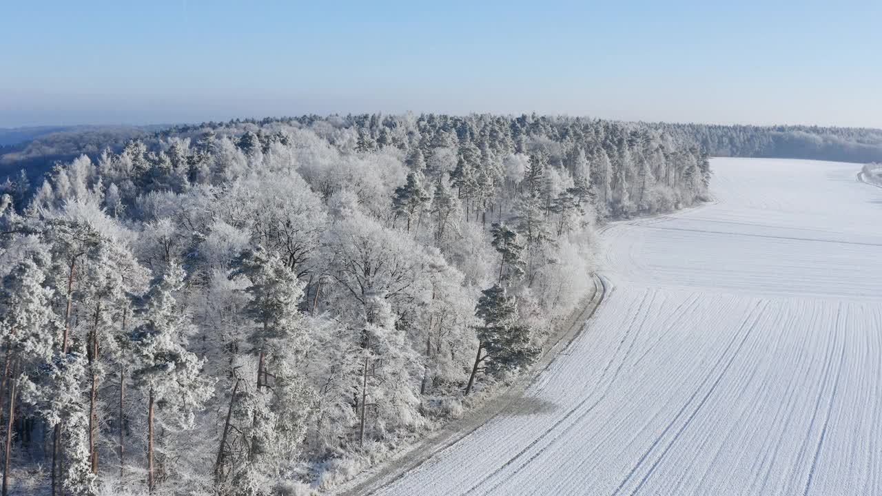 飞越森林与雪，白霜。Frankenhöhe，巴伐利亚，德国。视频素材