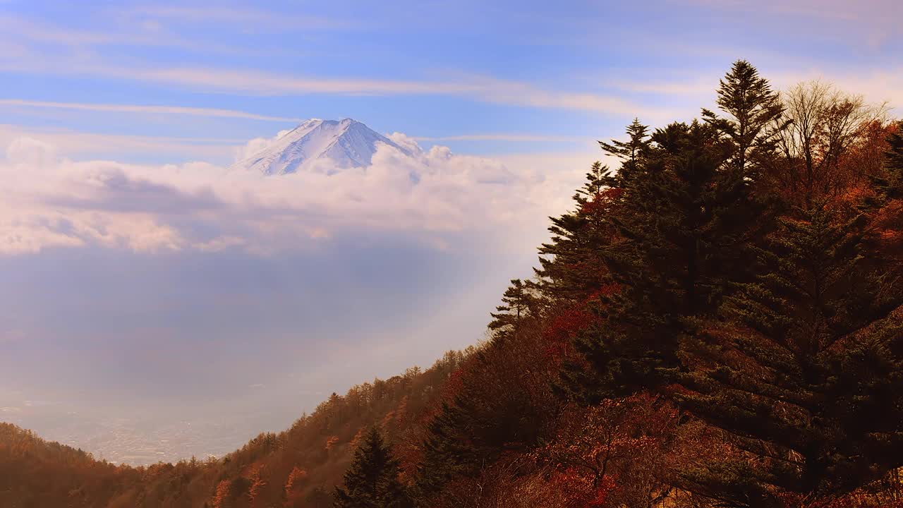 秋天的树木，富士山和随风飘动的白云视频素材