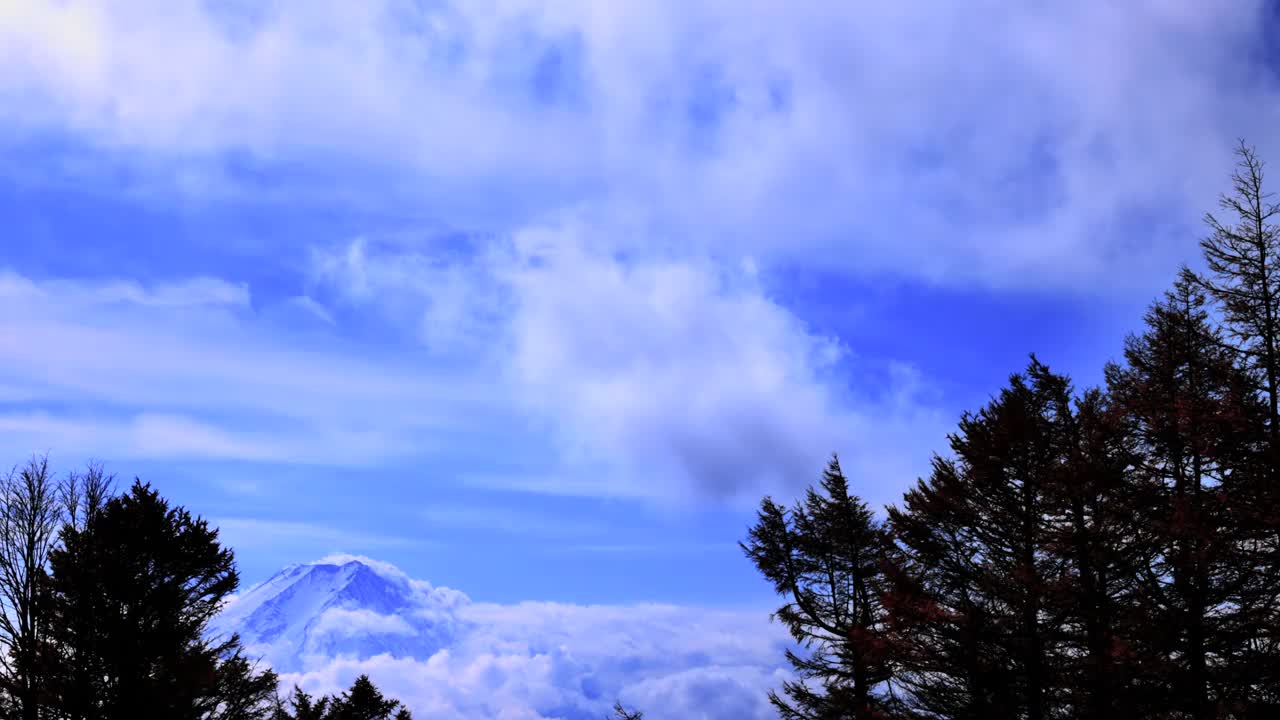 秋天的树木，富士山和随风飘动的白云视频素材