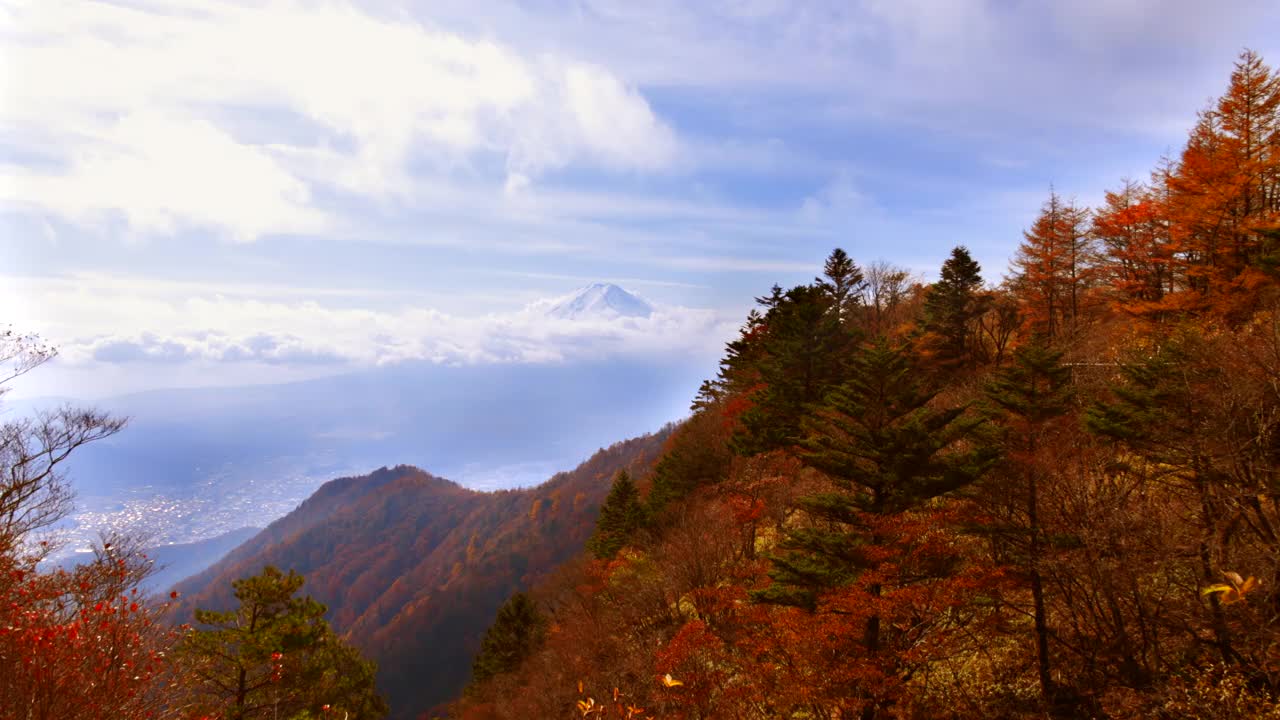 秋天的树木，富士山和随风飘动的白云视频素材