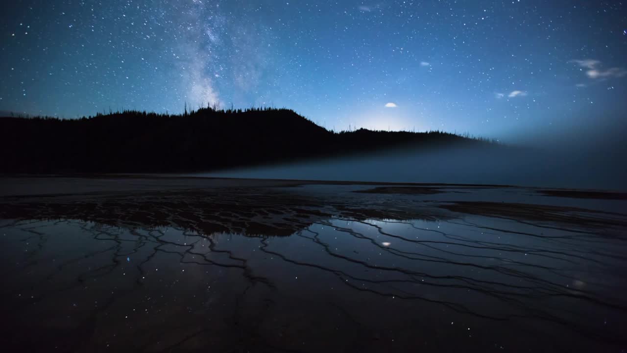 当星星在天空中移动时，间歇泉的锁定延时风景拍摄湿景观-黄石国家公园，怀俄明州视频素材