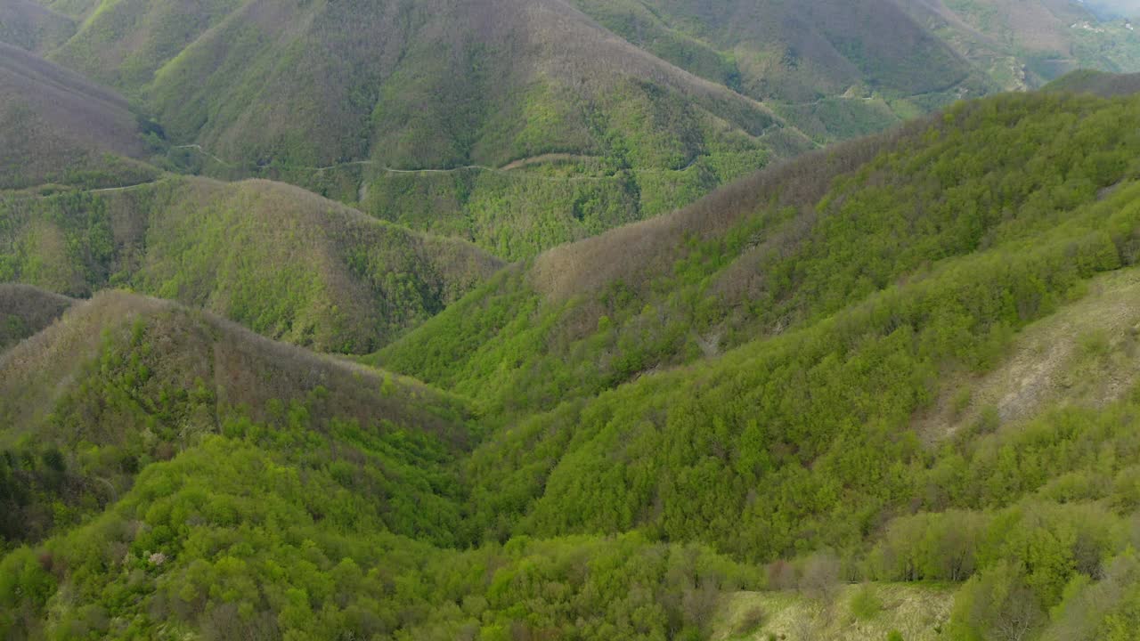 空中向前拍摄的美丽的绿色森林山上-亚平宁山脉，意大利视频素材