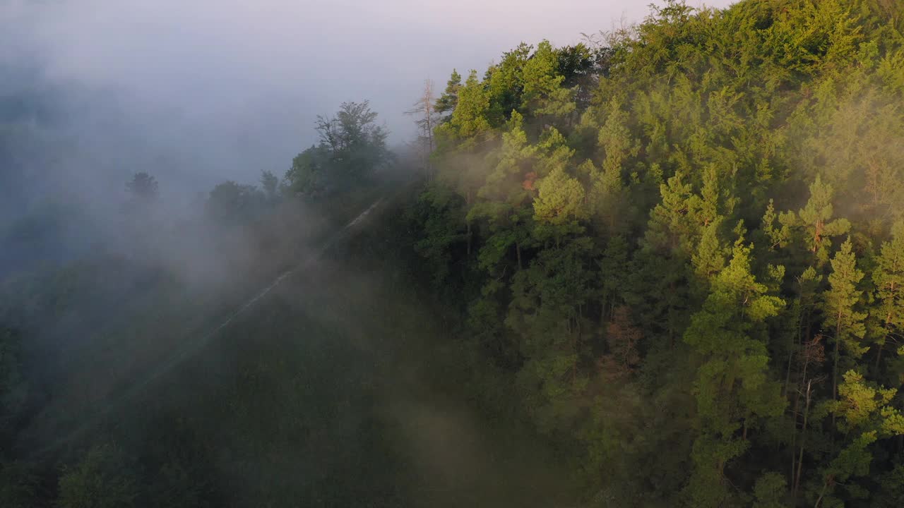 空中向前向上绿色天然山丘的美丽镜头，无人机在白云中飞行-图林根州，德国视频素材