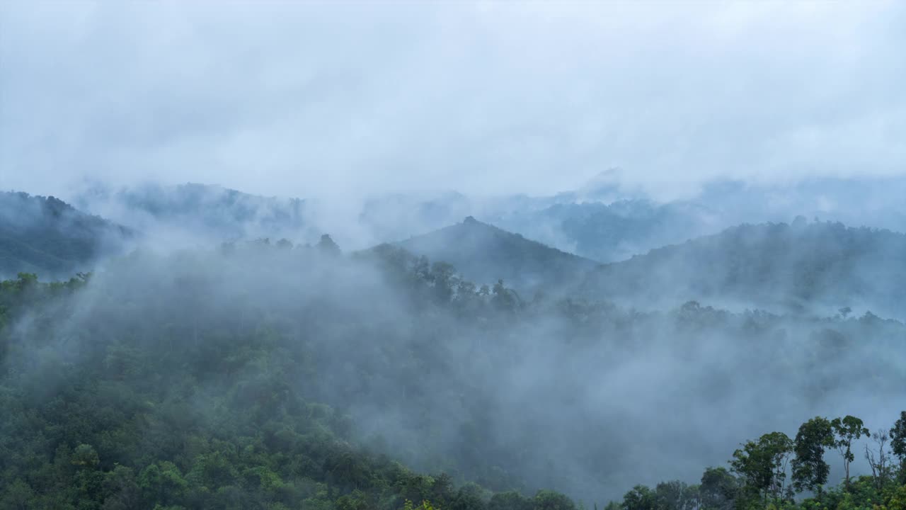 时隐时现的云在阴天的山上流动，在夏天的日出景象视频素材