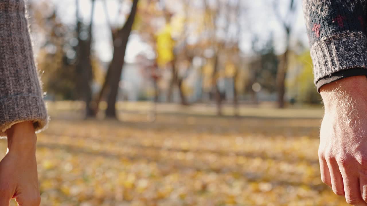 爱情和联系的概念。陌生的男人和女人手牵着手，一起站在秋天公园，近距离视频素材