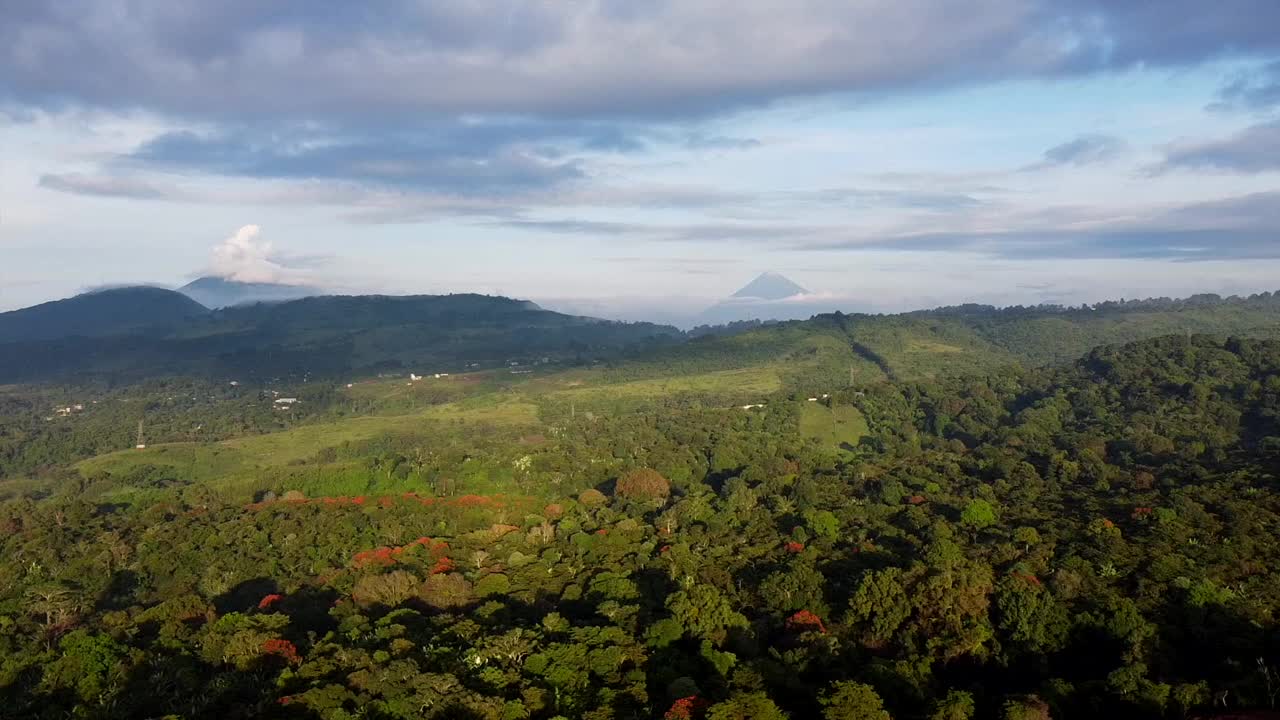 飞越树林，鸟瞰火山全景视频素材