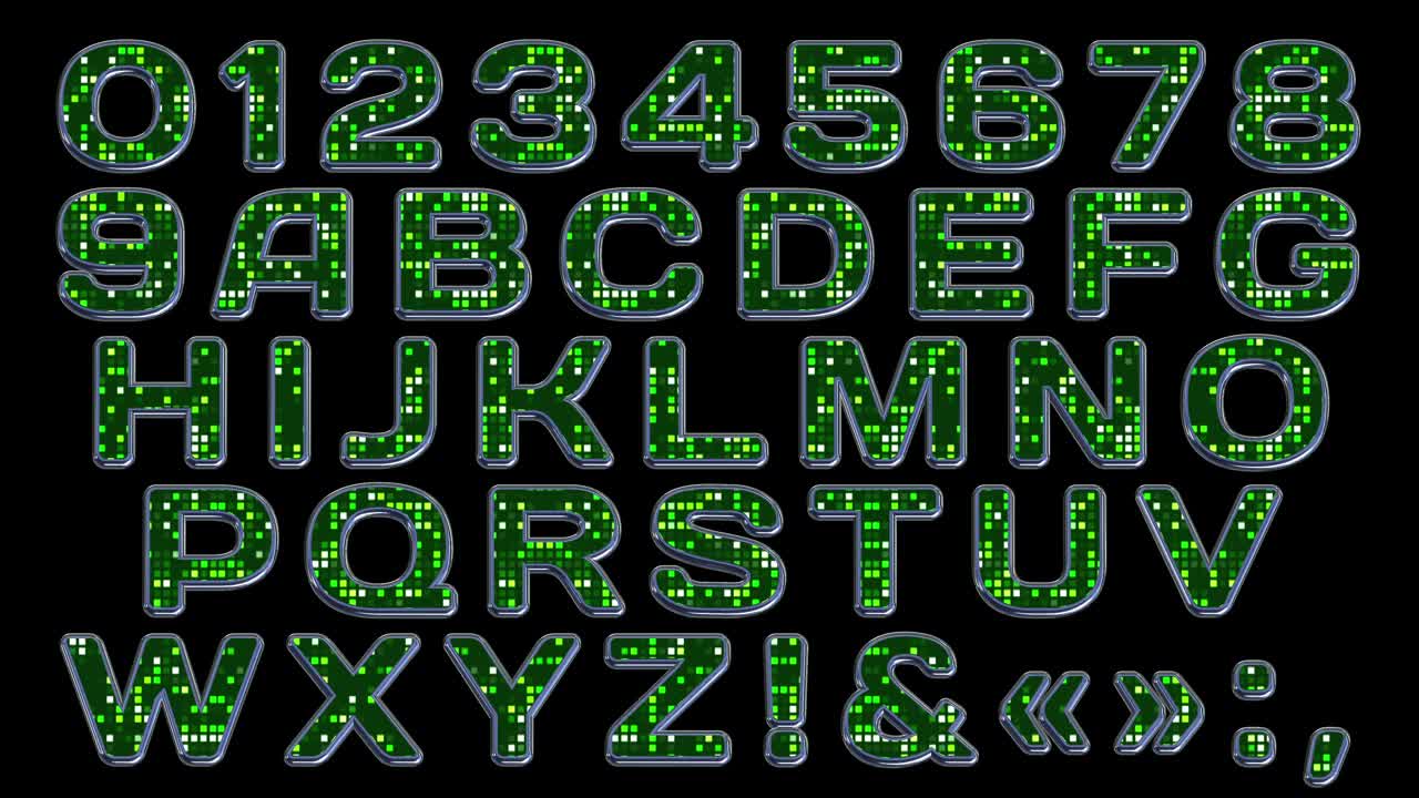 现代的字母表。3 d。带有像素装饰的金属字体。将生动的字母组合成题词。视频素材