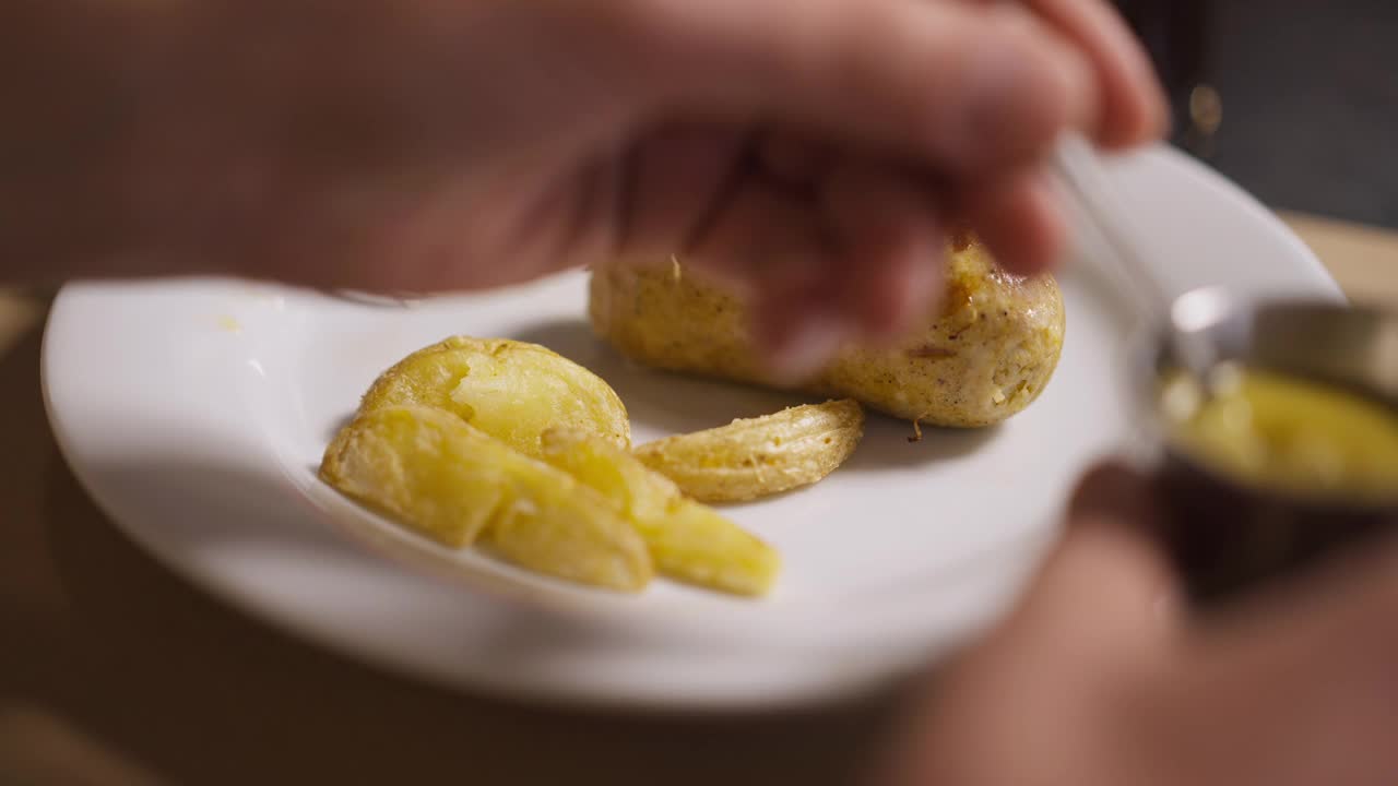 特写晚餐盘，男人的手在烤香肠上涂芥末酱，慢动作。无法辨认的白人男性客户在室内餐厅吃午餐。视频素材